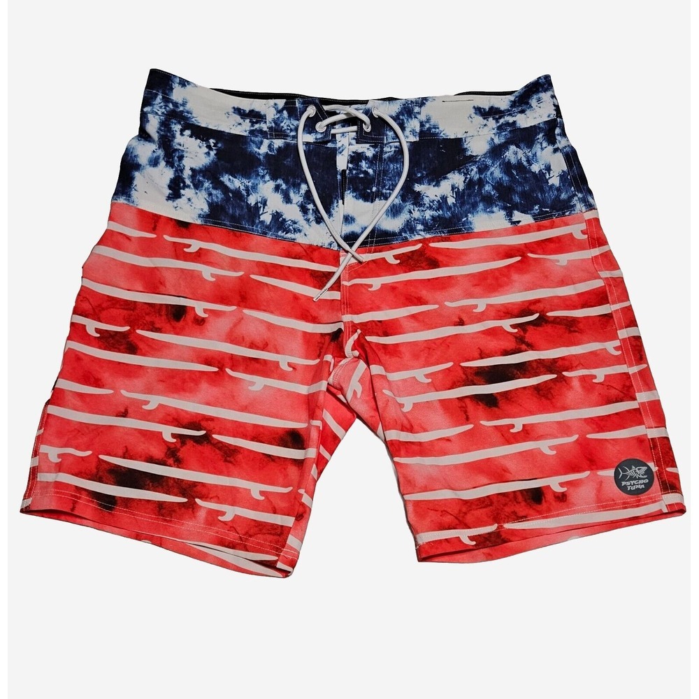 Psycho Tuna Mens Board Shorts Sz 34 Red White Blue USA Surf Board‎ Swim Trunks